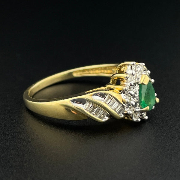 Vintage 10K Gold Pear Cut Emerald Baguette Diamond Halo Ring, Sz 8 1/4 - Boylerpf