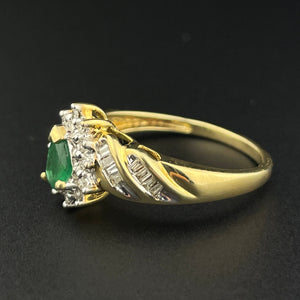 Vintage 10K Gold Pear Cut Emerald Baguette Diamond Halo Ring, Sz 8 1/4 - Boylerpf