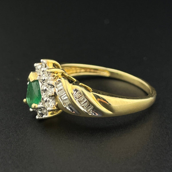 Vintage 10K Gold Pear Cut Emerald Baguette Diamond Halo Ring, Sz 8 1/4 - Boylerpf