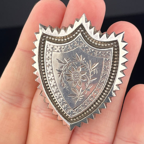 Antique Silver Victorian Forget Me Not Shield Brooch Pin - Boylerpf