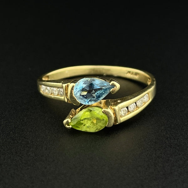Vintage 10K Gold Aquamarine Peridot Diamond Bypass Ring, Sz 6 3/4 - Boylerpf