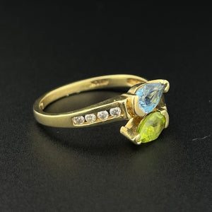 Vintage 10K Gold Aquamarine Peridot Diamond Bypass Ring, Sz 6 3/4 - Boylerpf