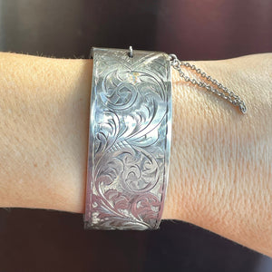 Victorian Engraved Leaf Scroll Wide Silver Bracelet Bangle - Boylerpf