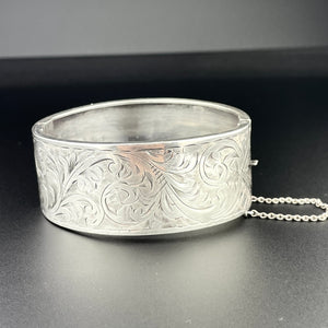 Victorian Engraved Leaf Scroll Wide Silver Bracelet Bangle - Boylerpf