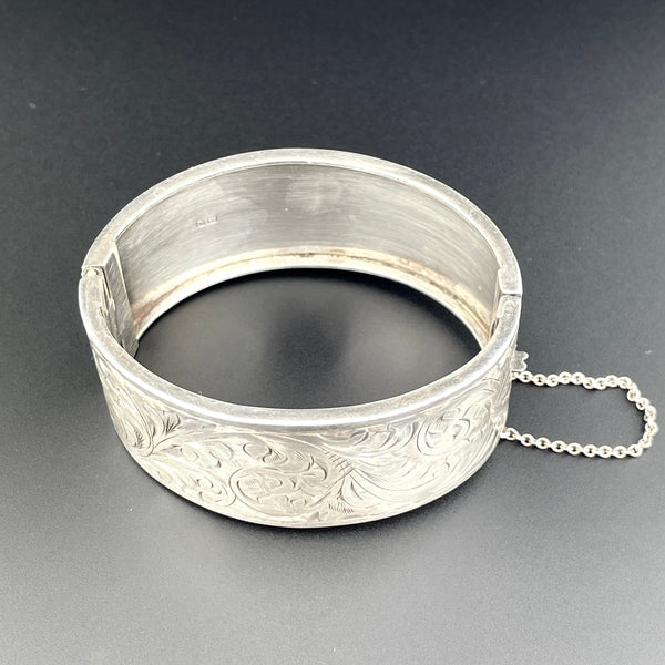 Victorian Engraved Leaf Scroll Wide Silver Bracelet Bangle - Boylerpf