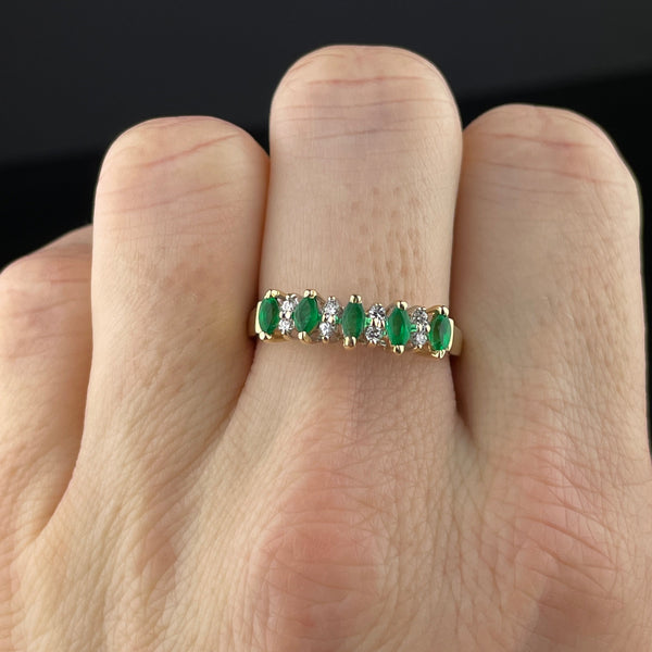 Vintage 14K Gold Diamond Emerald Half Eternity Band Ring, Sz 8 3/4 - Boylerpf