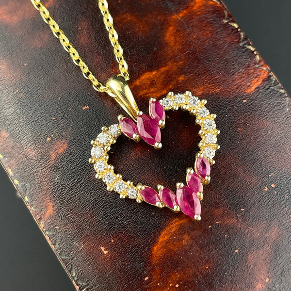 Vintage Ruby Diamond Gold Heart Pendant Necklace - Boylerpf