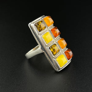 Vintage Silver Baltic Butterscotch Amber Statement Ring, Sz 5 3/4 - Boylerpf