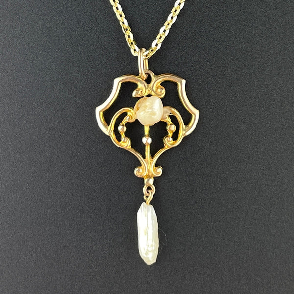 Antique Edwardian 14K Gold Pearl Lavaliere Pendant Necklace - Boylerpf