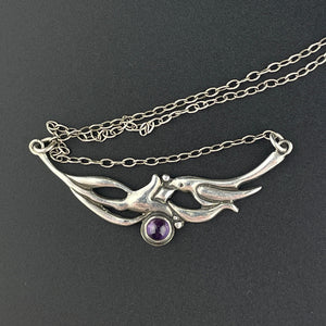 Vintage Silver Amethyst Swallow Bird Pendant Necklace - Boylerpf