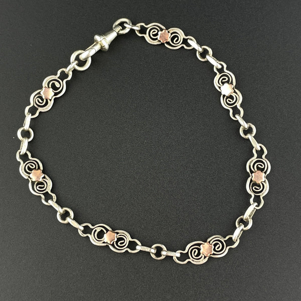 Edwardian French Silver Rose Gold Fancy Link Chain Bracelet - Boylerpf