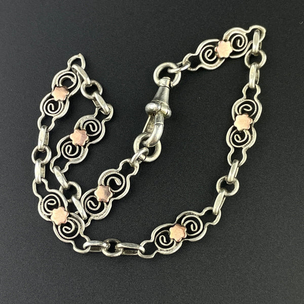 Edwardian French Silver Rose Gold Fancy Link Chain Bracelet - Boylerpf