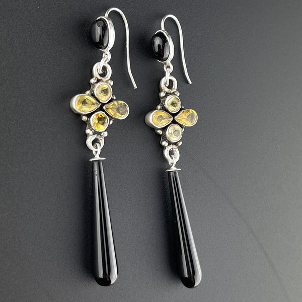 Vintage Silver Black Onyx Citrine Floral Drop Earrings - Boylerpf
