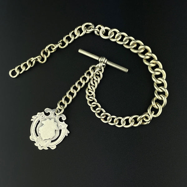Antique Edwardian Silver Watch Chain Shield Medallion Necklace - Boylerpf