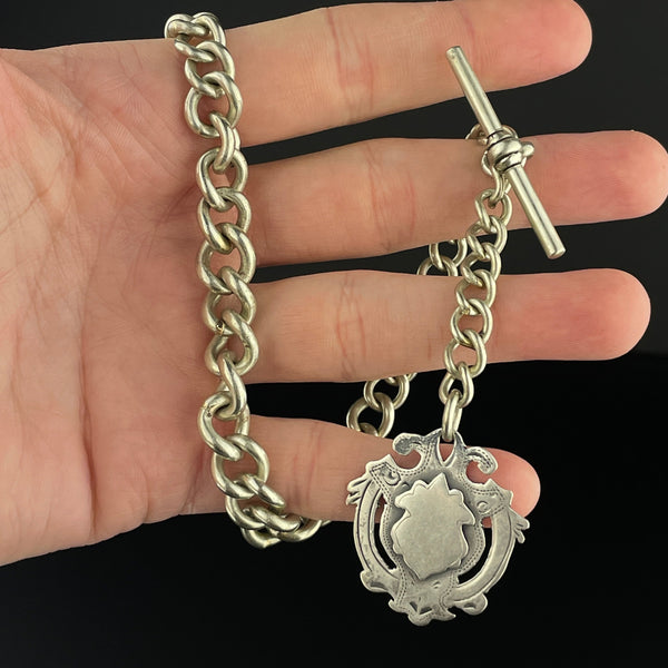 Antique Edwardian Silver Watch Chain Shield Medallion Necklace - Boylerpf