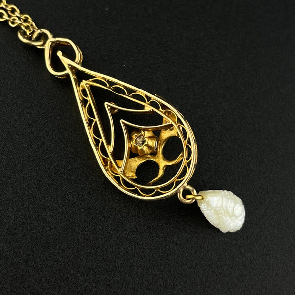 Antique Edwardian 10K Gold Diamond Seed Pearl Lavaliere Necklace - Boylerpf