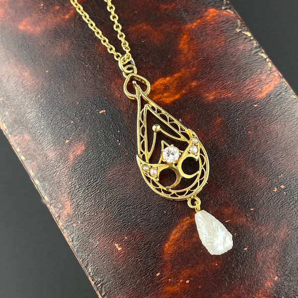 Antique Edwardian 10K Gold Diamond Seed Pearl Lavaliere Necklace - Boylerpf
