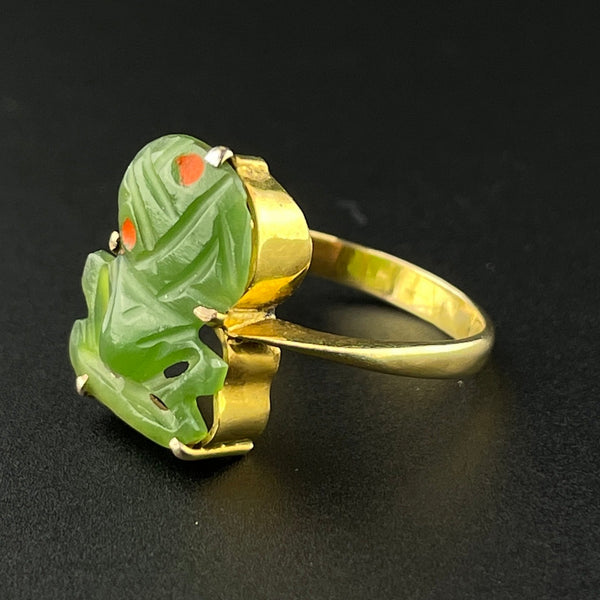 Vintage 9K Gold Jade Frog Cutout TIki Ring, Sz 4 3/4 - Boylerpf