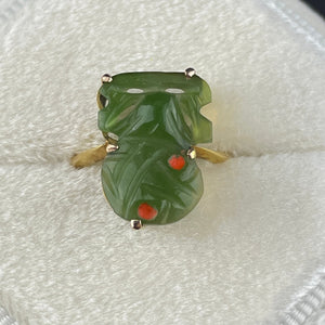 Vintage 9K Gold Jade Frog Cutout TIki Ring, Sz 4 3/4 - Boylerpf