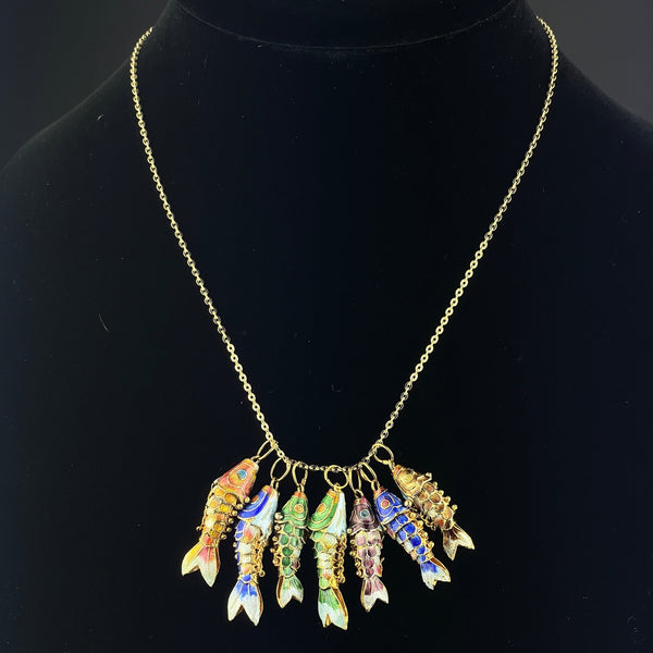 Vintage Gold Vermeil Green Enamel Articulated Fish Pendant Necklace - Boylerpf