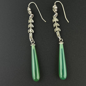 Vintage Marcasite Green Chalcedony Silver Drop Earrings - Boylerpf