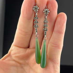 Vintage Marcasite Green Chalcedony Silver Drop Earrings - Boylerpf