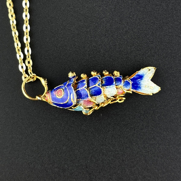Vintage Gold Vermeil Blue Enamel Articulated Fish Pendant Necklace
