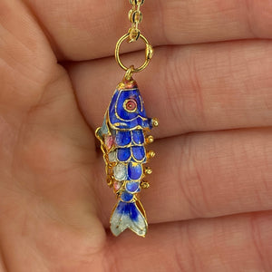 Vintage Gold Vermeil Blue Enamel Articulated Fish Pendant Necklace - Boylerpf