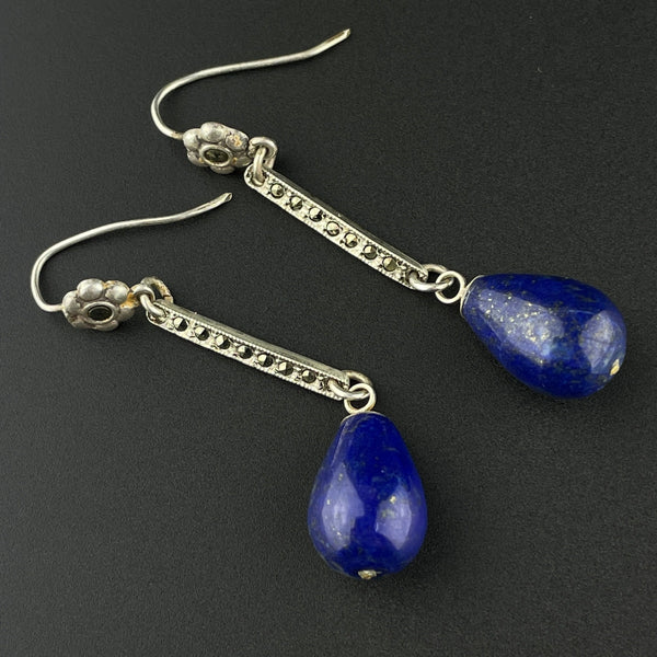 Vintage Silver Marcasite Lapis Lazuli Long Drop Dangle Earrings - Boylerpf