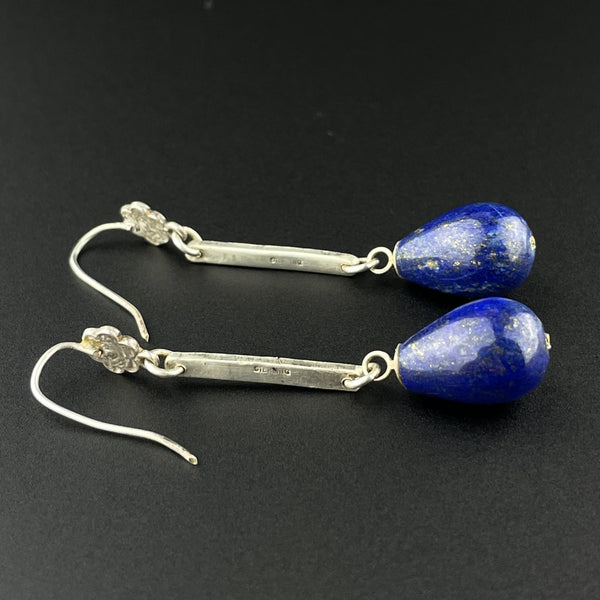 Vintage Silver Marcasite Lapis Lazuli Long Drop Dangle Earrings - Boylerpf