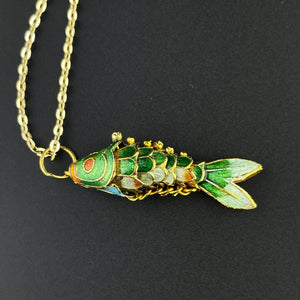 Vintage Gold Vermeil Green Enamel Articulated Fish Pendant Necklace - Boylerpf