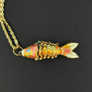 Vintage Gold Vermeil Orange Enamel Koi Fish Pendant Necklace - Boylerpf