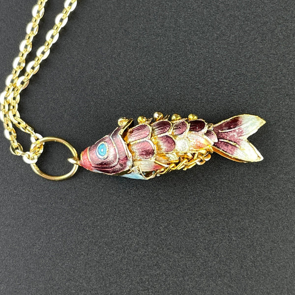 Vintage Gold Vermeil Plum Purple Enamel Koi Fish Pendant Necklace - Boylerpf