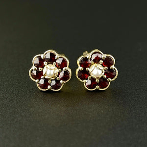 Vintage Gold Vermeil Garnet Pearl Flower Stud Earrings - Boylerpf