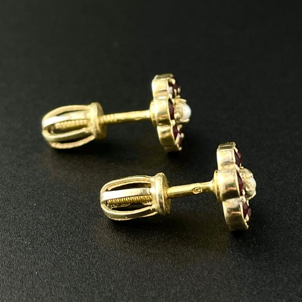 Vintage Gold Vermeil Garnet Pearl Flower Stud Earrings - Boylerpf