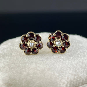 Vintage Gold Vermeil Garnet Pearl Flower Stud Earrings - Boylerpf