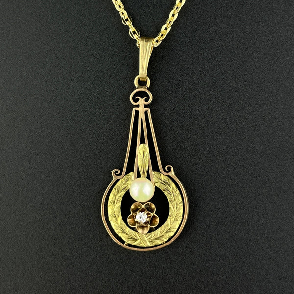 Antique Victorian 10K Gold Diamond Pearl Lavalier Pendant Necklace - Boylerpf