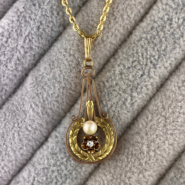 Antique Victorian 10K Gold Diamond Pearl Lavalier Pendant Necklace - Boylerpf
