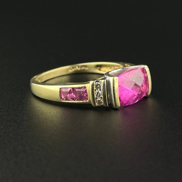 Diamond Checkerboard Cut Pink Sapphire 10K Gold Vintage Ring, Sz 6 3/4 - Boylerpf