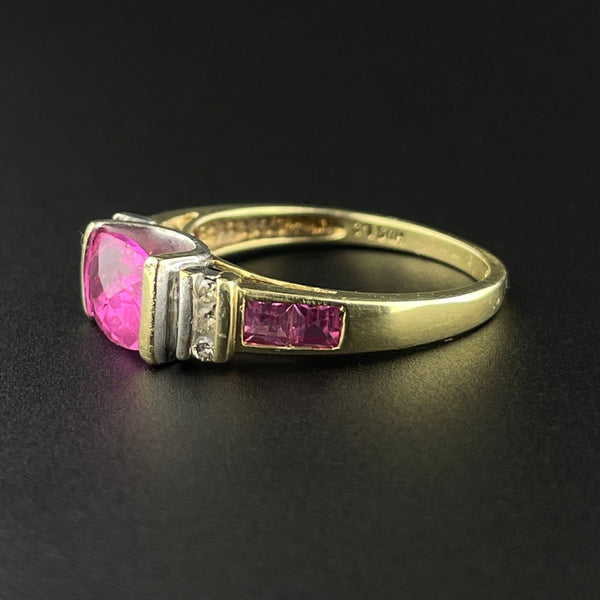 Diamond Checkerboard Cut Pink Sapphire 10K Gold Vintage Ring, Sz 6 3/4 - Boylerpf