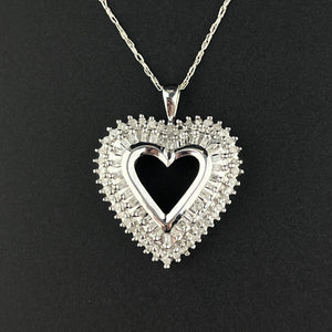 Vintage 10K White Gold Baguette Diamond Open Heart Pendant Necklace - Boylerpf