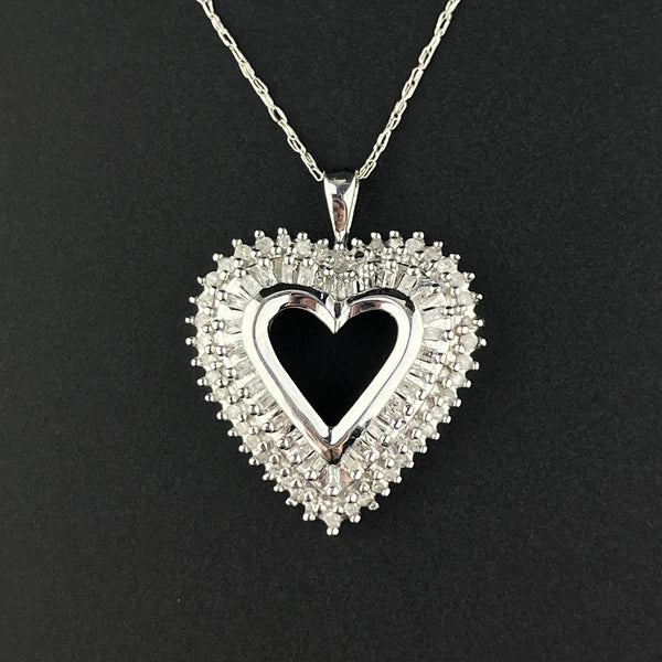 Vintage 10K White Gold Baguette Diamond Open Heart Pendant Necklace - Boylerpf