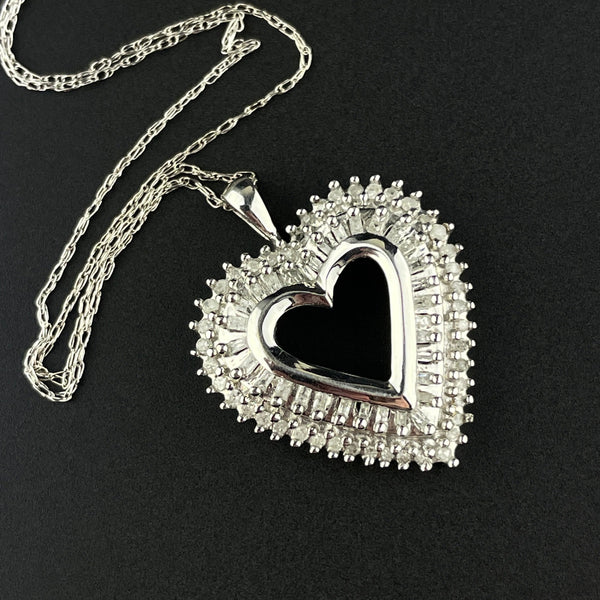 Vintage 10K White Gold Baguette Diamond Open Heart Pendant Necklace - Boylerpf
