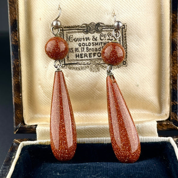 Vintage Victorian Style Silver Goldstone Teardrop Earrings - Boylerpf