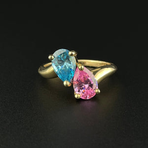 14K Gold Simulated Pink Sapphire Blue Topaz Bypass Ring, Sz 7 3/4 - Boylerpf