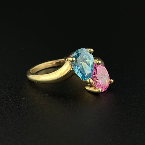 14K Gold Simulated Pink Sapphire Blue Topaz Bypass Ring, Sz 7 3/4 - Boylerpf