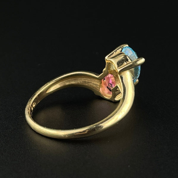 14K Gold Simulated Pink Sapphire Blue Topaz Bypass Ring, Sz 7 3/4 - Boylerpf