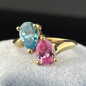 14K Gold Simulated Pink Sapphire Blue Topaz Bypass Ring, Sz 7 3/4 - Boylerpf