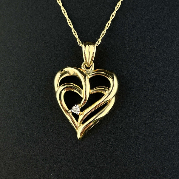 Vintage 14K Gold Double Heart Diamond Pendant Necklace - Boylerpf