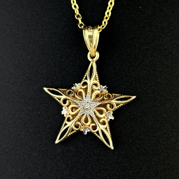 14K Gold Filigree Diamond Star Pendant Necklace - Boylerpf